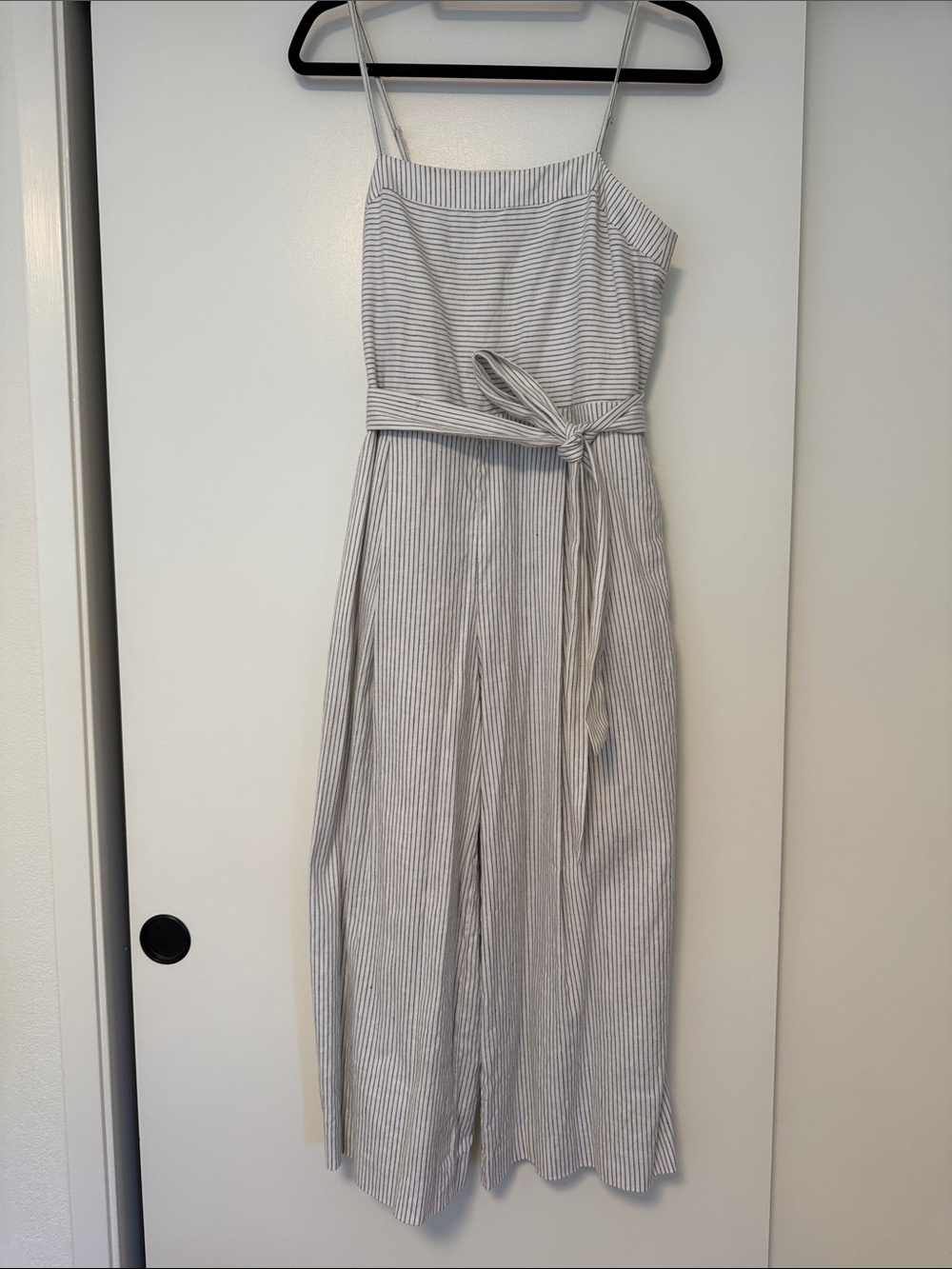 Striped Spaghetti Strap Jumpsuit with Waist Tie - Navy & White